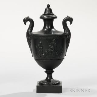 Appraisal: Spode Black Basalt Vase and Cover England c molded eagle