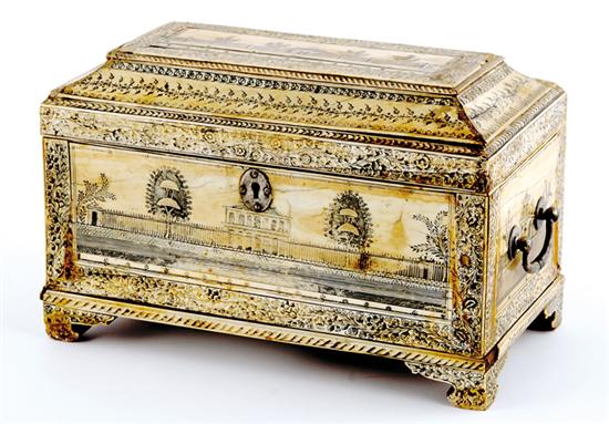 Appraisal: Anglo-Indian engraved ivory tea caddy Vizagapatam circa rectangular form with