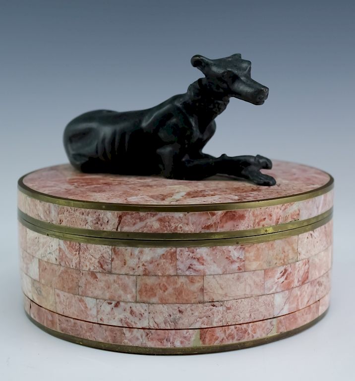 Appraisal: Maitland Smith Bronze Greyhound Tessellated Box Maitland Smith tessellated stone