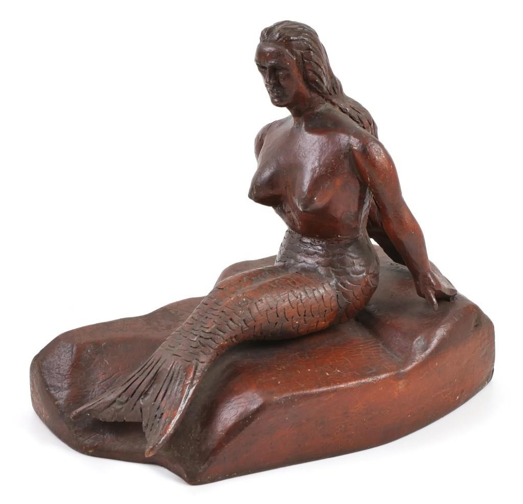 Appraisal: Folk art carved wooden mermaid on a rock Artist F