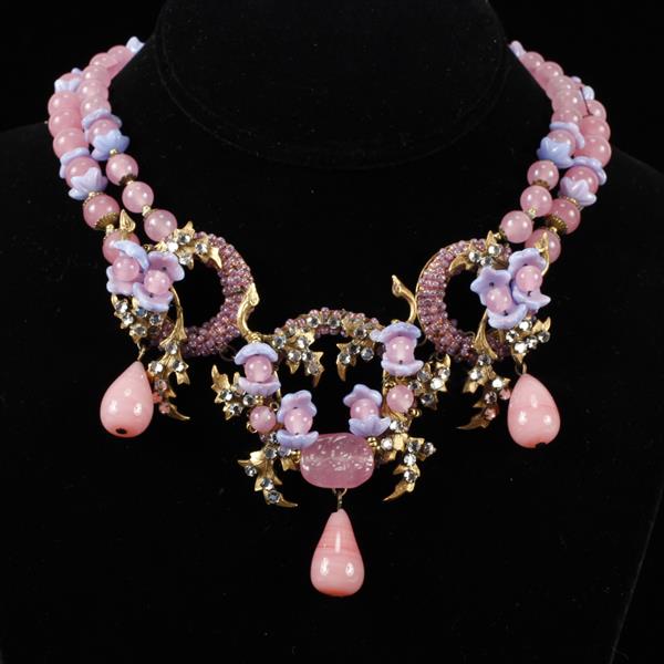 Appraisal: Miriam Haskell Festive Pink Purple Poured Glass Floral Beaded with