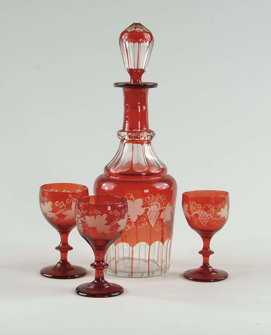 Appraisal: FOUR PIECE ETCHED DECANTER SET Set consists of - decanter