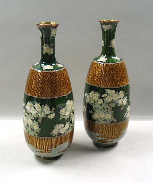 Appraisal: A pair of Japanese green ground cloisonne enameled metal vases