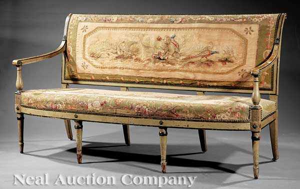 Appraisal: A Louis XVI Paint-Decorated Aubusson Canap c rectilinear back scrolled