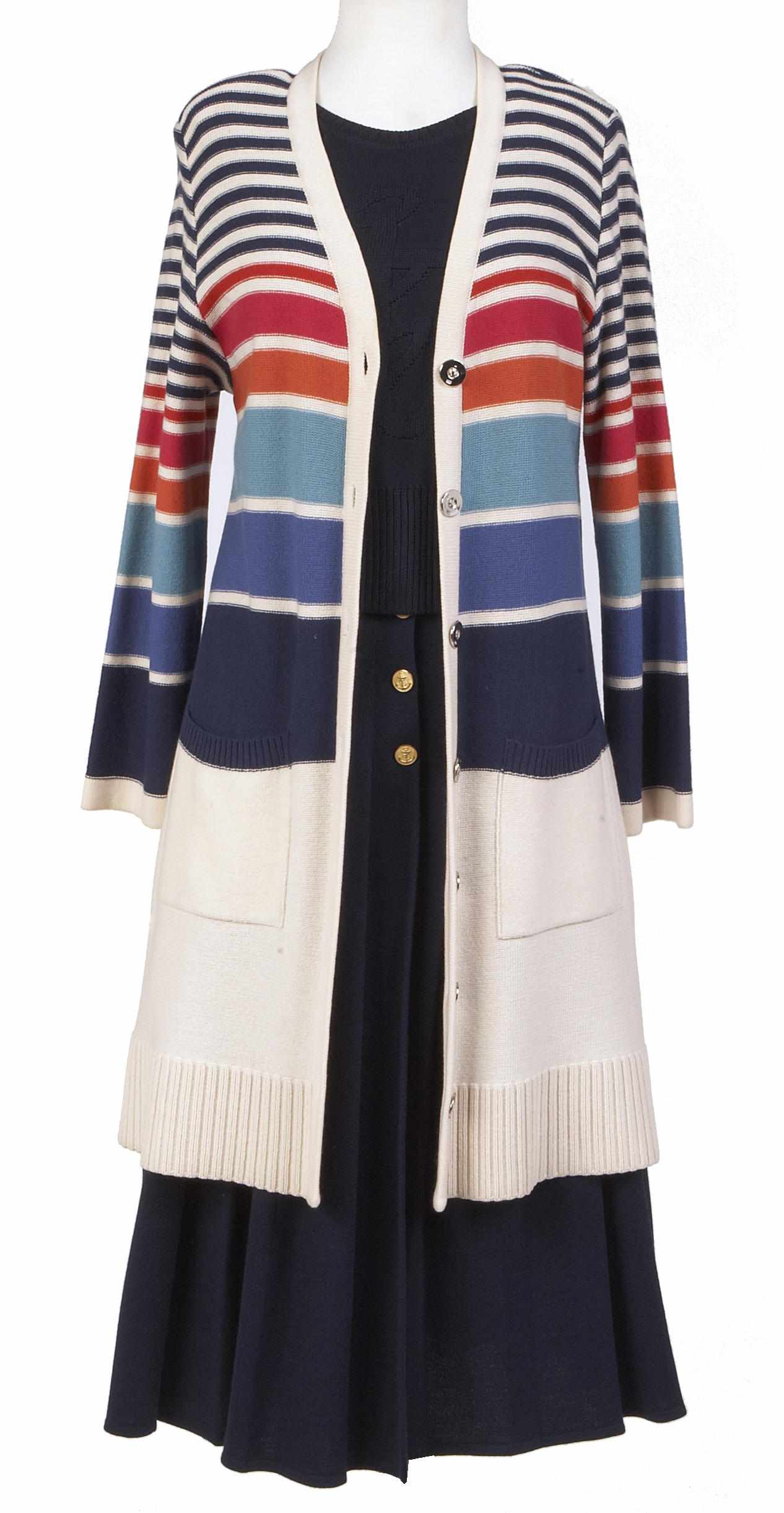 Appraisal: A Sonia Rykiel striped cardigan navy shell and pleated skirt