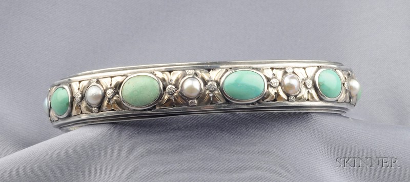 Appraisal: Arts Crafts Silver Gold Turquoise and Pearl Bangle Attributed to