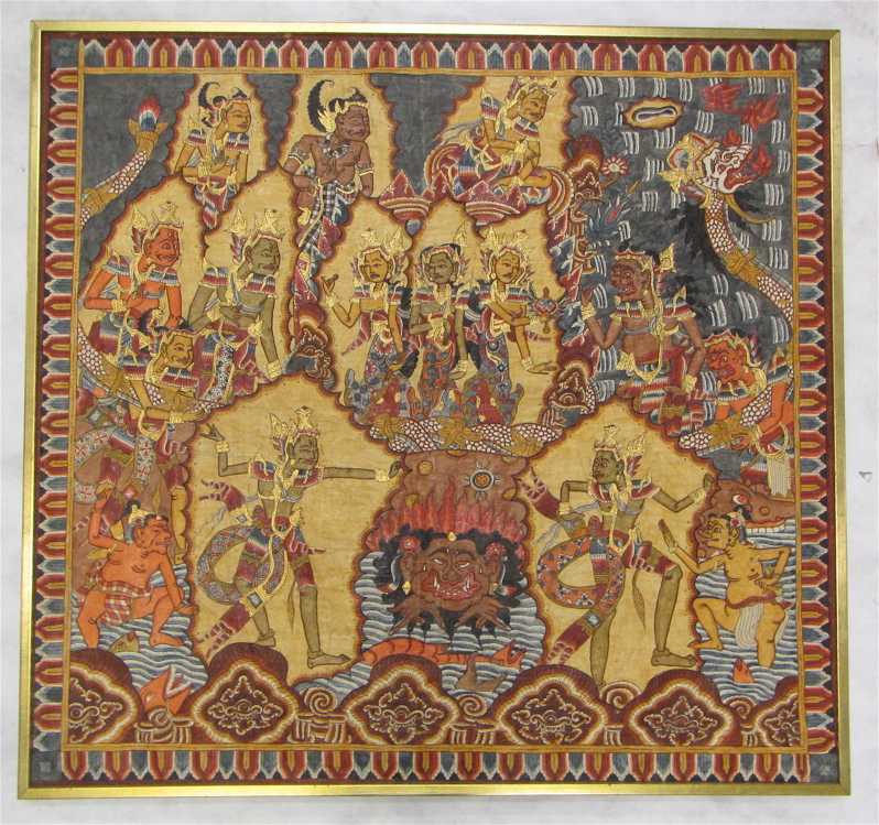 Appraisal: BALINESE NARRATIVE SCENE hand-painted on cloth featuring figures and mythical