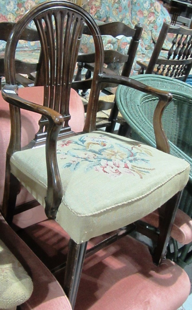 Appraisal: A th century mahogany open armchair with tapestry seat and