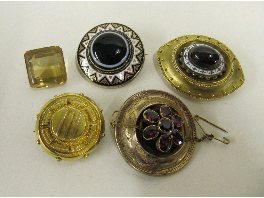 Appraisal: Four Victorian unmarked gold remembrance brooches and a loose topaz