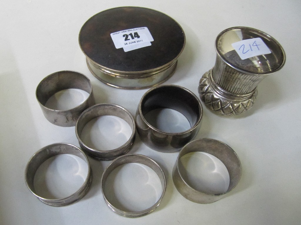 Appraisal: Lot comprising silver and tortoiseshell jewellery box napkin rings silver