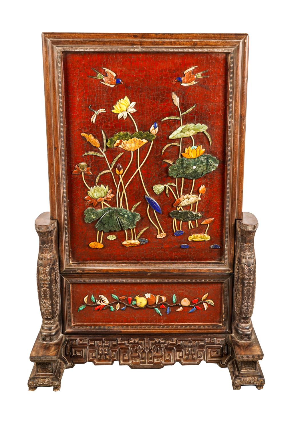 Appraisal: CHINESE LACQUERED STONE INLAID PLAQUE ON STAND X inches Condition