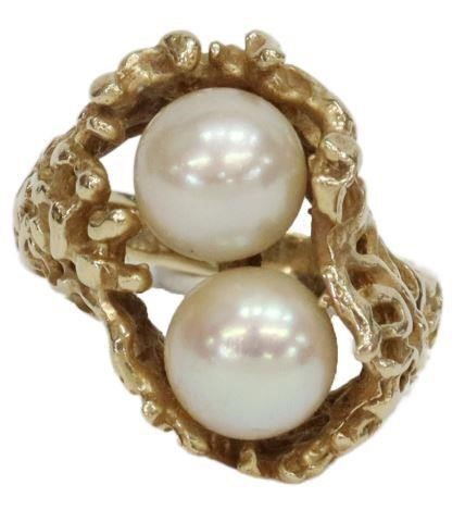 Appraisal: Estate kt yellow gold ring two round pearls in modernist