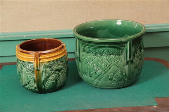 Appraisal: TWO WELLER JARDINIERES Green shiny glaze in Claywood pattern ''