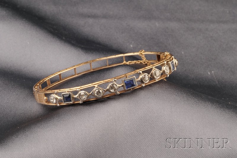 Appraisal: Synthetic Sapphire and Diamond Bangle set with eight old European-cut