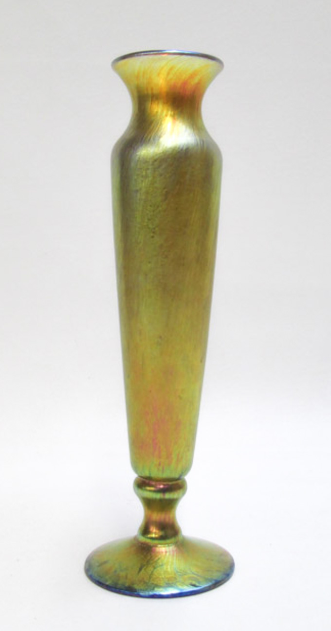 Appraisal: LUNDBERG STUDIOS IRIDESCENT ART GLASS VASE Dore design tall footed