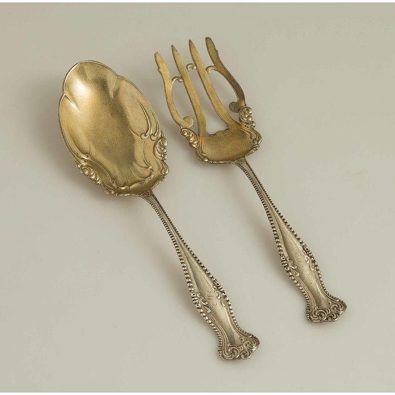 Appraisal: Sterling Salad Set Towle gilt sterling monogrammed salad set Canterbury