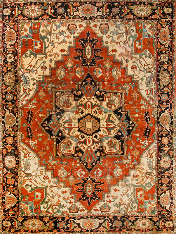 Appraisal: HERIZ MEDALLION CARPET The brick red field with central oatmeal