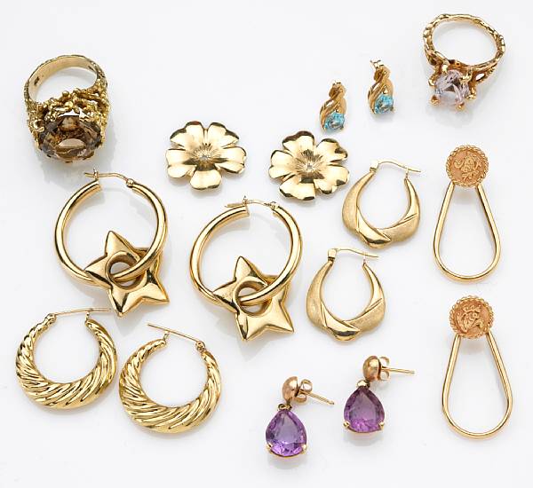 Appraisal: A collection of gem-set k and k gold jewelry including