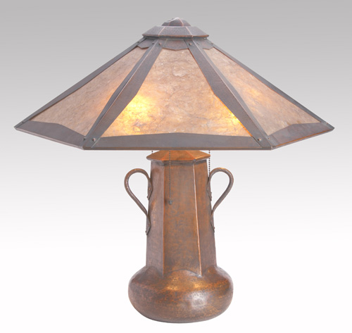 Appraisal: STICKLEY BROTHERS Hammered copper and mica table lamp its faceted