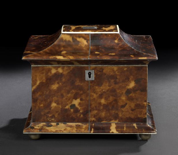 Appraisal: Georgian Bone-Edged and Silver-Mounted Tortoiseshell Double-Compartment Tea Box first quarter