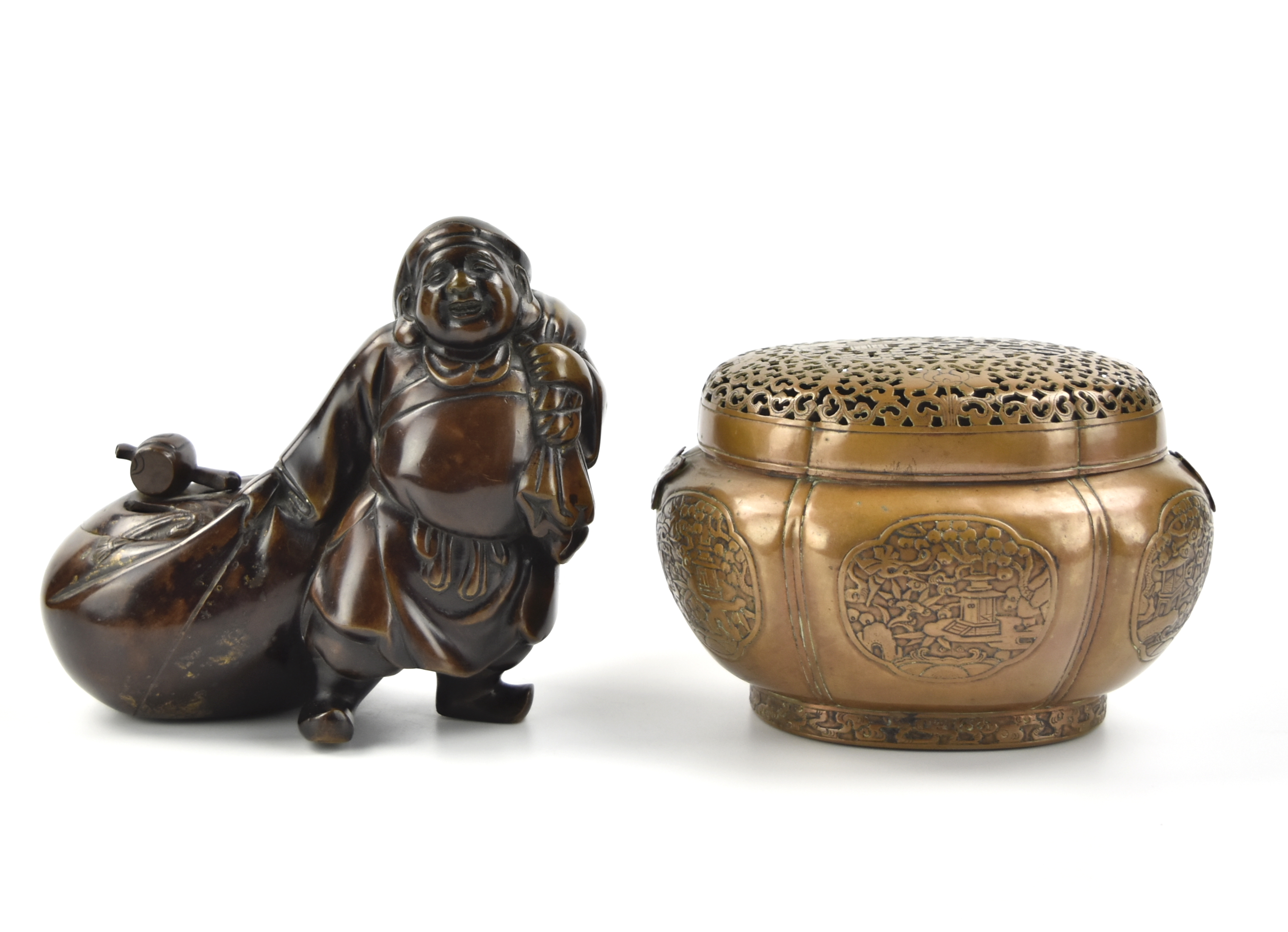 Appraisal: a Japanese bronze figure incense burner depicting an old man