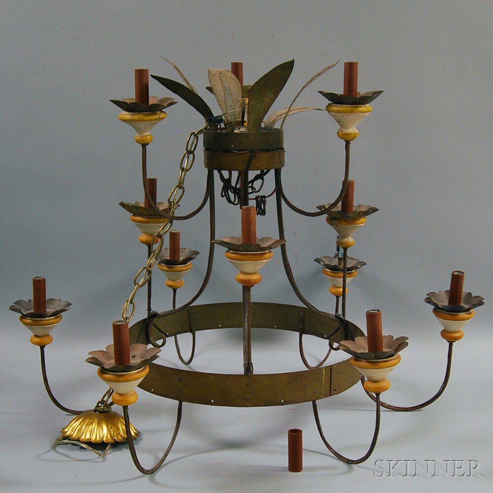 Appraisal: Turned and Painted Wood and Tin Twelve-light Chandelier electrified with