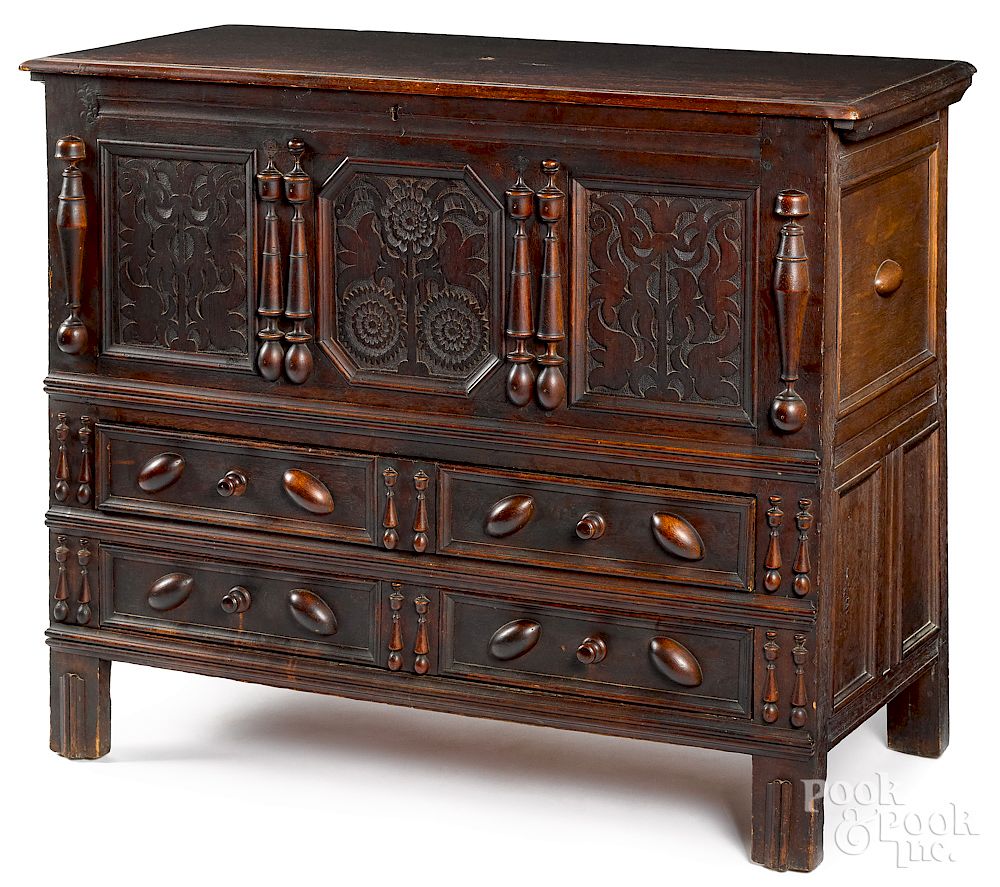 Appraisal: Connecticut Pilgrim oak Sunflower chest Connecticut Pilgrim century joined oak