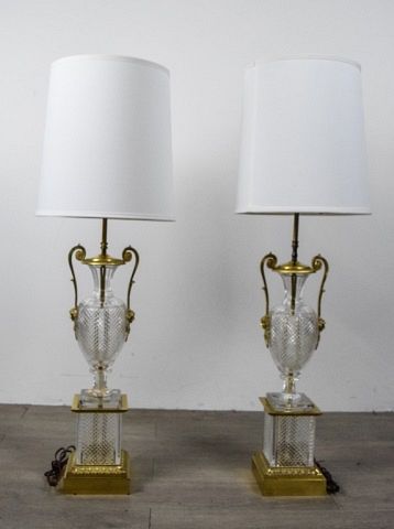 Appraisal: Pair of French Cut Crystal Brass Lamps Pair of cut