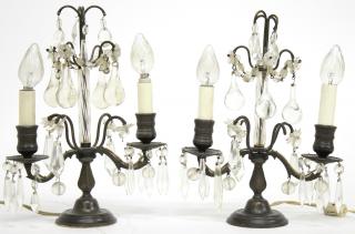 Appraisal: Pair of White Metal Crystal Candelabra Electrified having various geometric