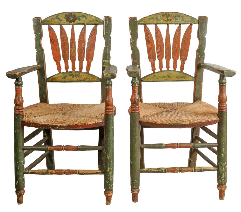 Appraisal: PAIR OF GREEN-PAINTED ARMCHAIRSwith woven rush seats inches wide inches