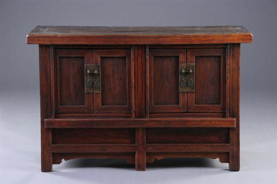 Appraisal: CHINESE ELMWOOD LOW CABINET th century Rectangular top above four