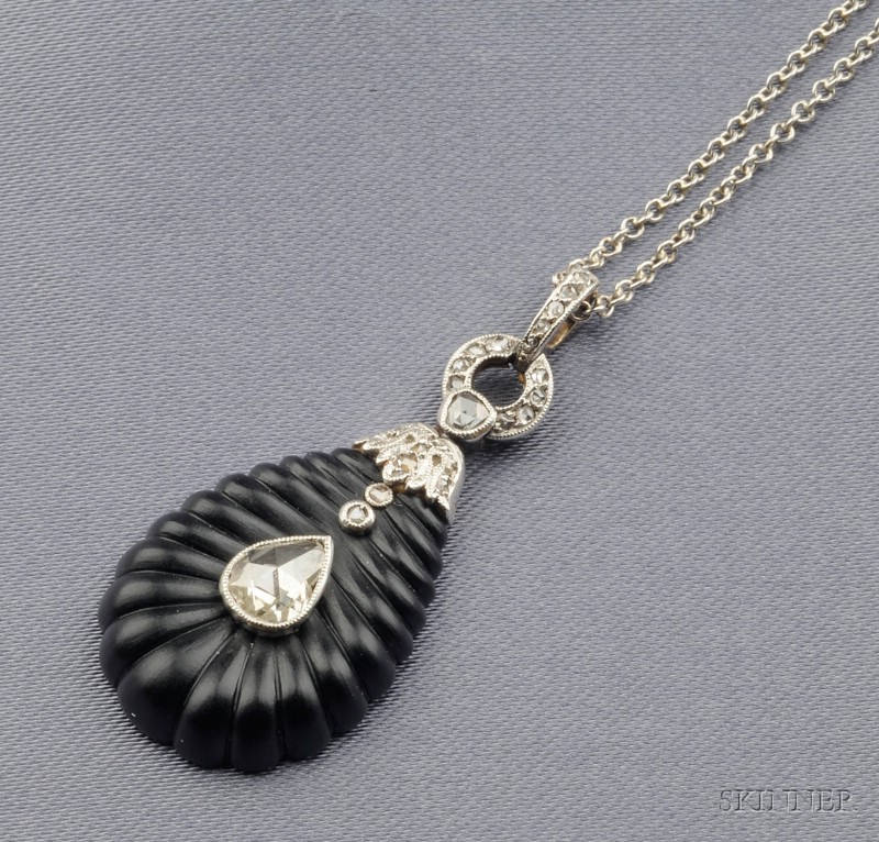 Appraisal: Art Deco Onyx and Diamond Pendant Necklace the ribbed onyx