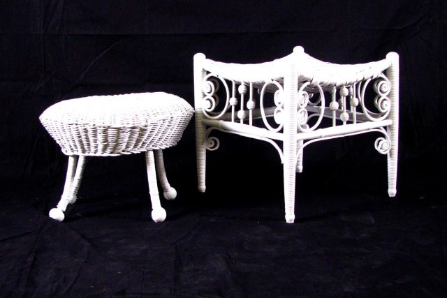 Appraisal: White painted antique wicker footstool and bench set