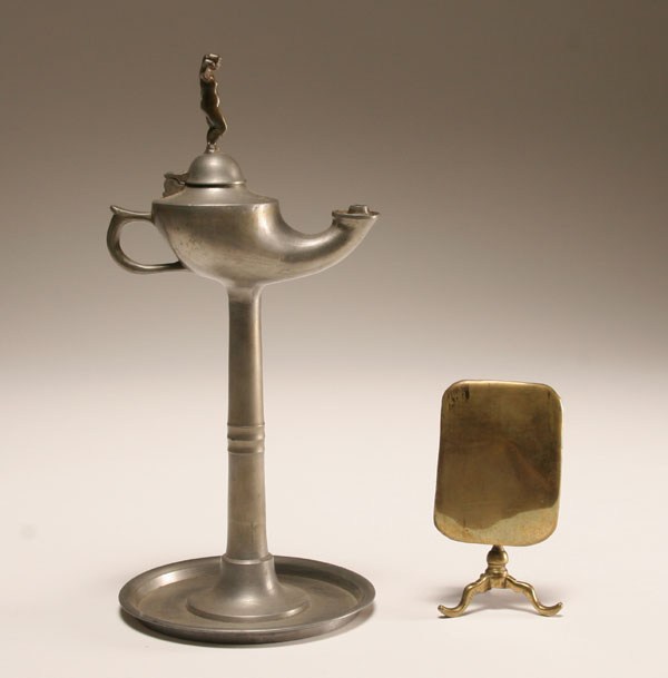 Appraisal: Early brass candle reflector and pewter whale oil lamp th