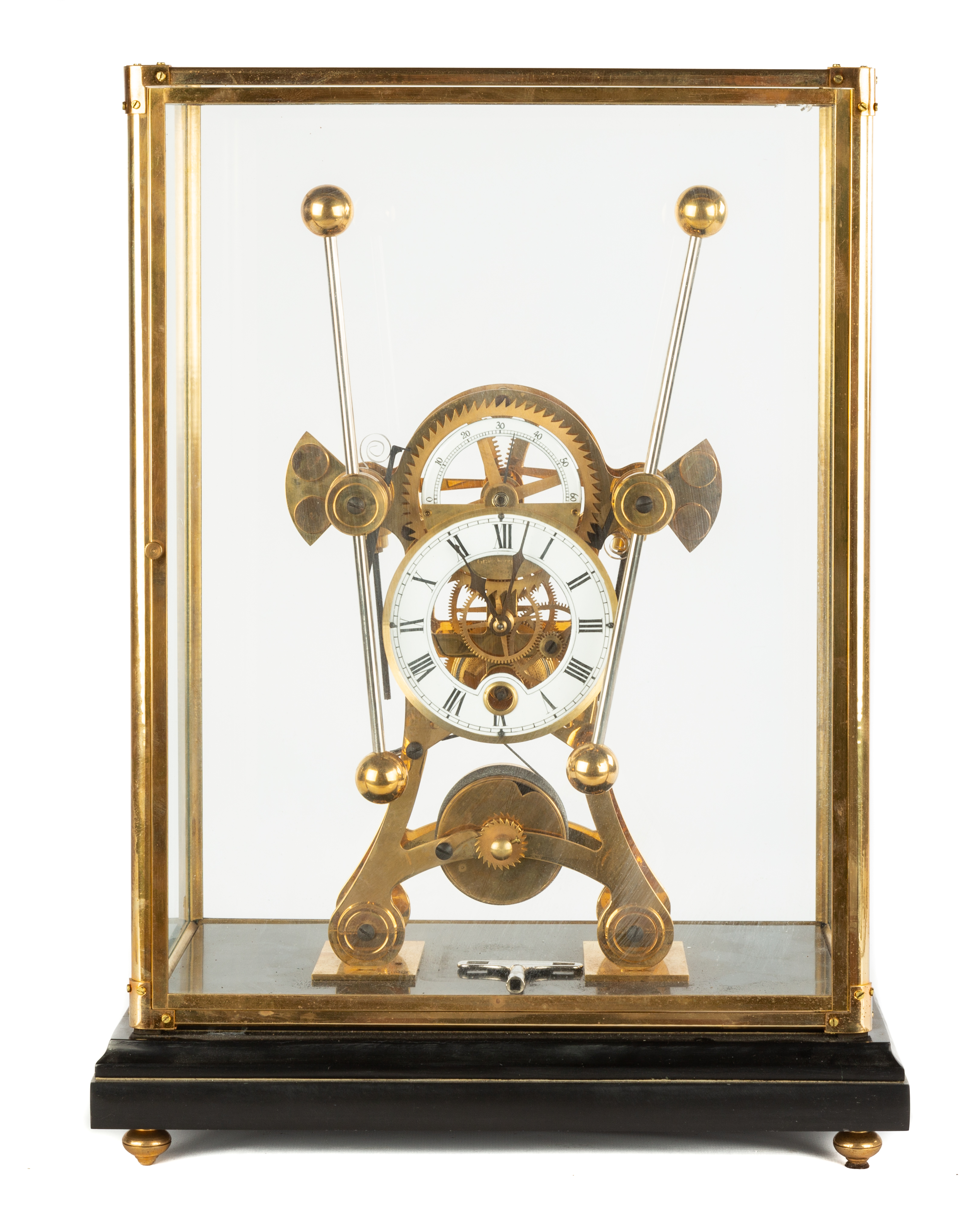 Appraisal: CONTEMPORARY GRASSHOPPER SKELETON CLOCK Double dial with glass dome