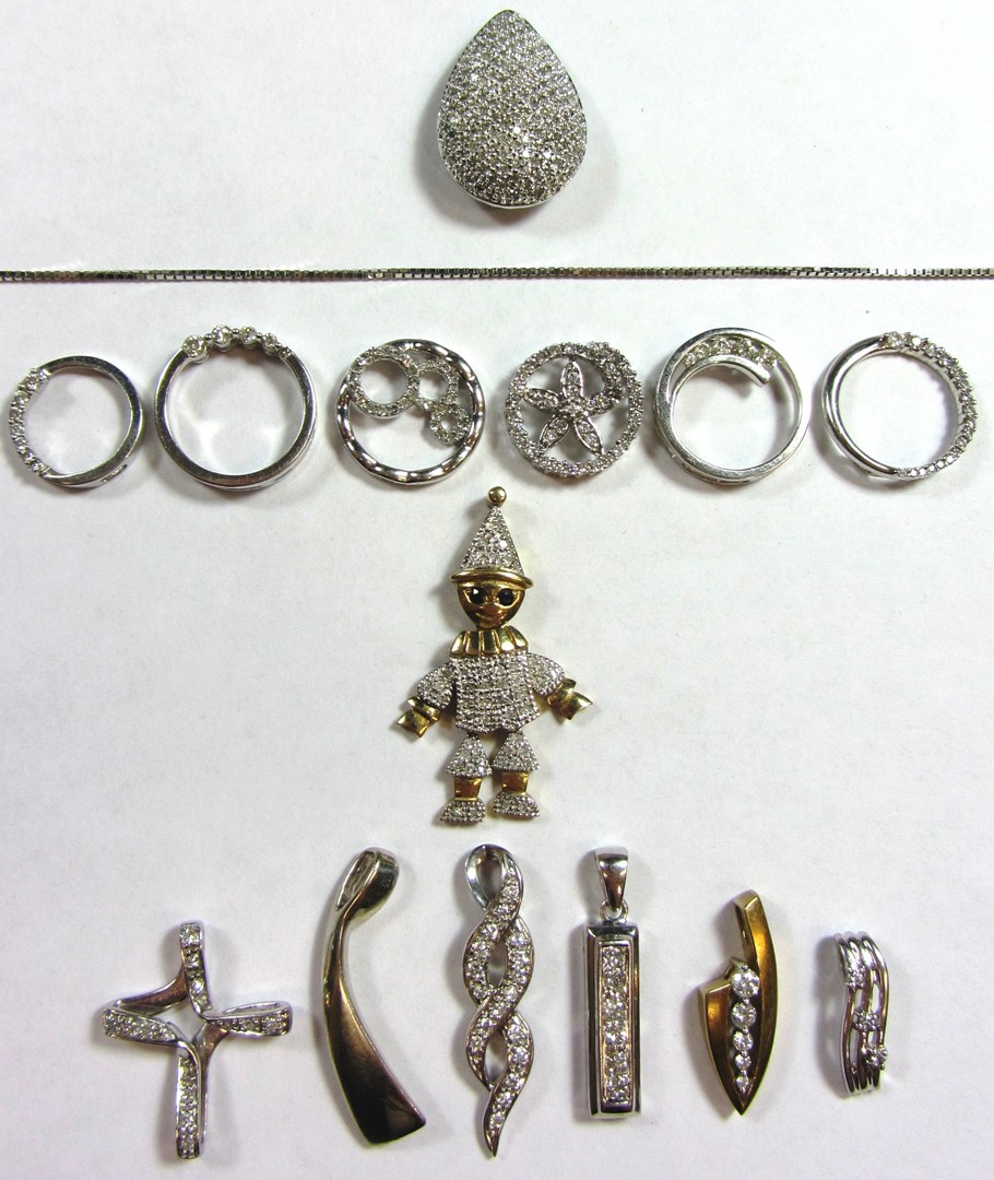 Appraisal: Fifteen various diamond pendants and a box chain the pendants