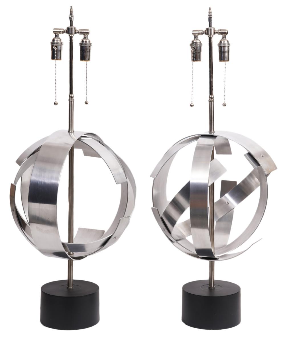 Appraisal: PR MID-CENTURY STAINLESS STEEL SPHERE LAMPSPair of mid-century modern stainless