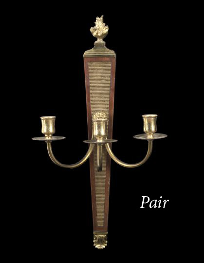 Appraisal: Pair of French Gilt-Brass-Mounted Mahogany Three-Light Appliques in the Louis