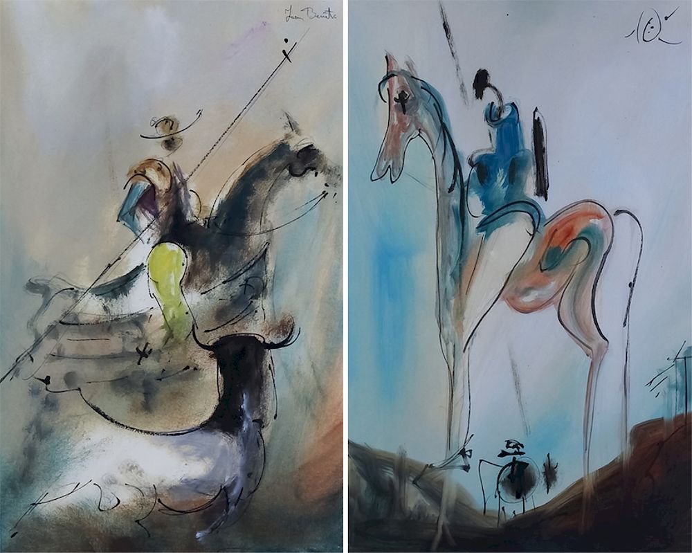 Appraisal: Pair Juan Benito Don Quixote Mixed Media on Paper Pair