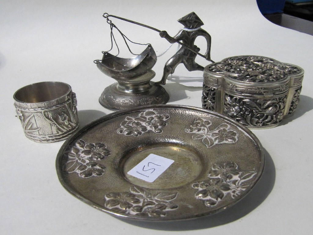 Appraisal: Lot comprising sterling silver dish oriental white metal filigree box