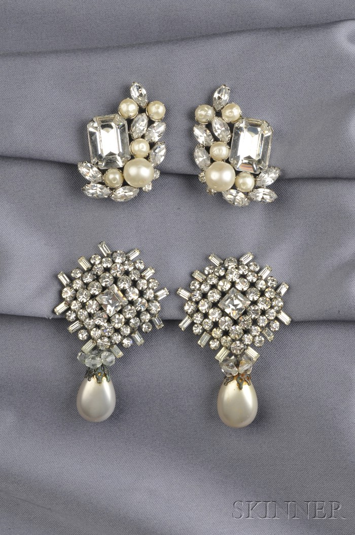 Appraisal: Two Pairs of Crystal Rhinestone and Imitation Pearl Earclips Kenneth