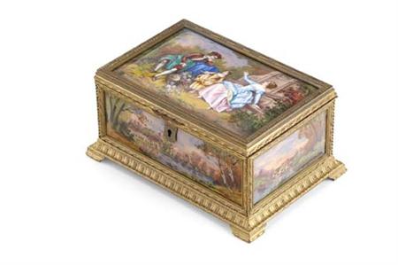 Appraisal: A French gilt-metal and enamel jewellery box circa Probably Limoges