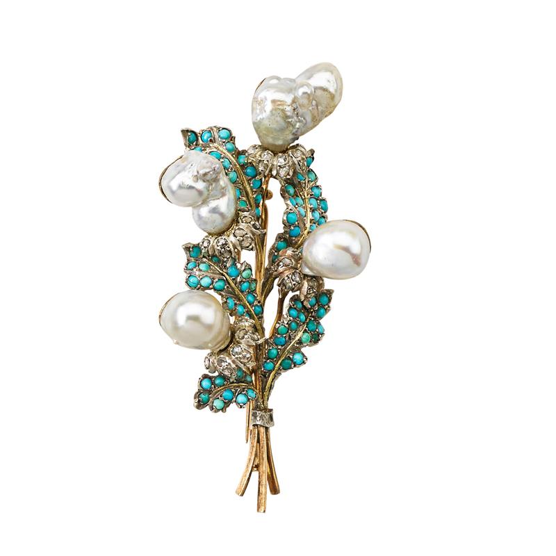 Appraisal: BUCCELLATI JEWELED GOLD BOUQUET BROOCH Baroque pearl flower heads and