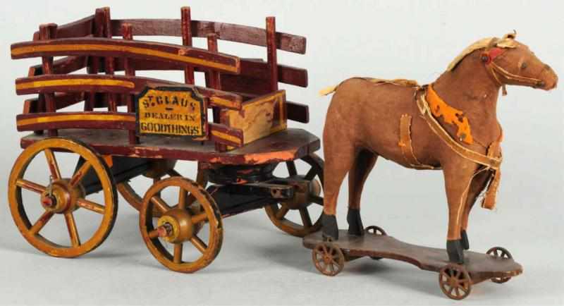 Appraisal: Horse-Drawn Pull Toy Wagon Label reads St Claus Horse hide