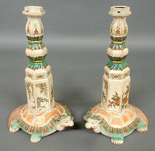 Appraisal: - Pair of Asian porcelain candlesticks with turtle bases probably