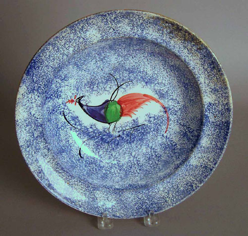 Appraisal: Blue spatter soup bowl with peafowl dia