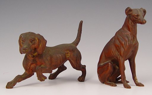 Appraisal: MINIATURE AUSTRIAN BRONZE GREYHOUND POINTER DOGS Greyhound measures '' high