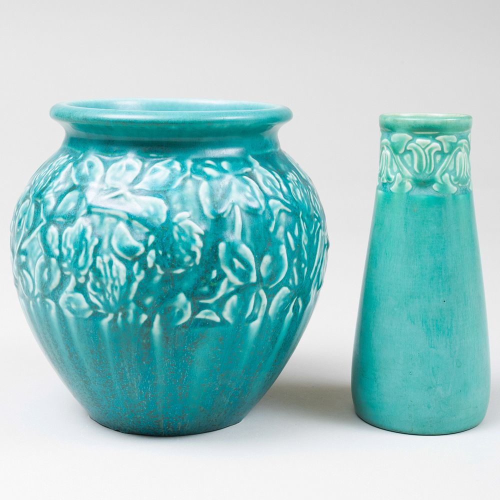 Appraisal: Two Rookwood Pottery Turquoise Glazed Vases Molded with Stylized Flowers