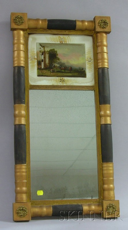 Appraisal: Painted Split-baluster Mirror with Reverse-painted Glass Coaching Scene