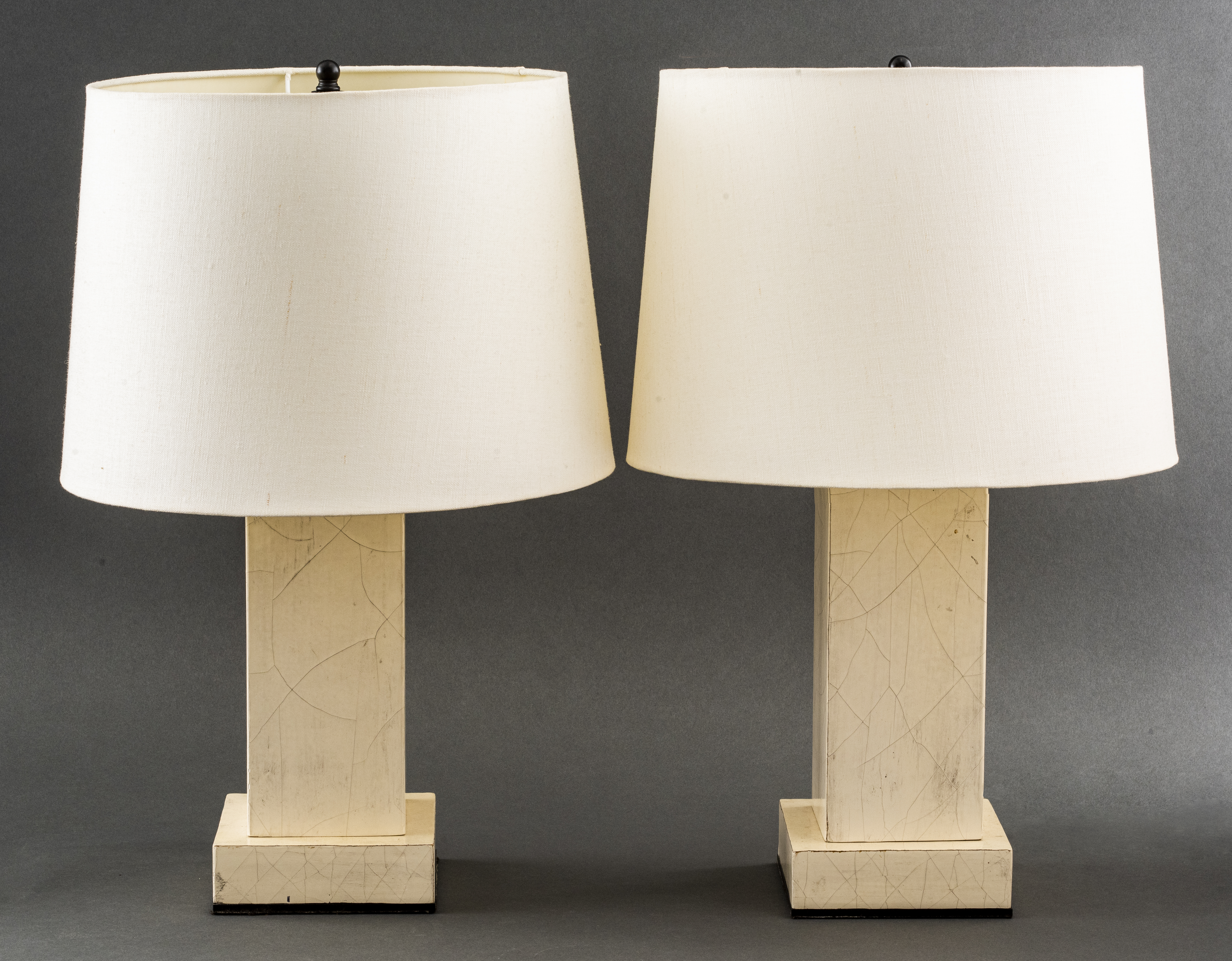 Appraisal: MODERN CRACQUELURE LACQUERED PARCHMENT TABLE LAMPS Modern pair of table